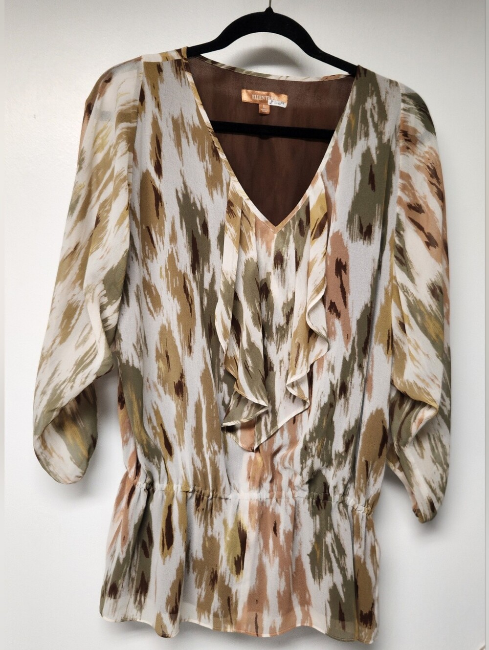 Ellen Tracy Olive, Tan & Cream Ruffled V-Neck Blouse